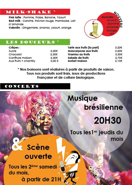 Cette image est le troisième volet intérieur de la carte qui comprends une présentation des évènements concert du bar