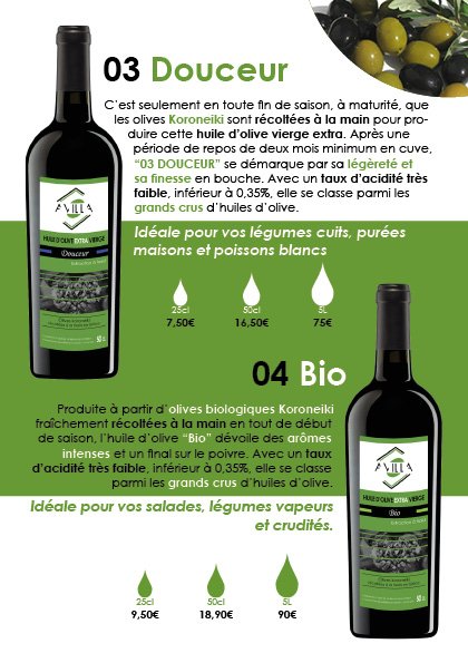 Cette image représente le troisième volet du dépliant présentant les huiles Avilla