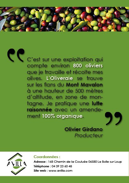 Cette image représente le dos du dépliant Avilla affichant les coordonnées et une citation du producteur