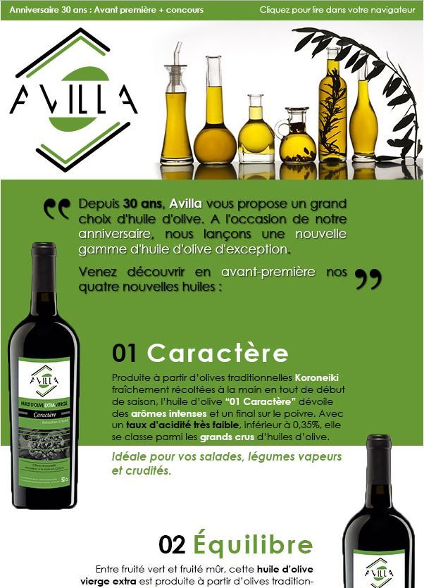 Ceci est la maquette d'une newsletter fictive de présentation des huiles d'olive Avilla